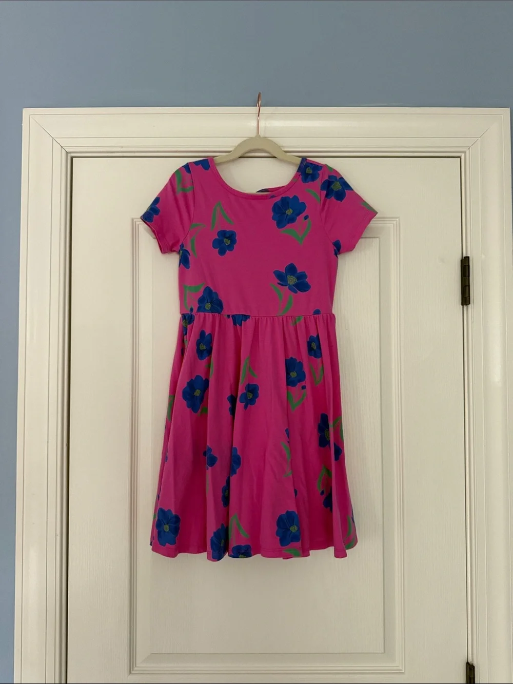 Tea Collection Hot Pink Floral Short Sleeve Dress with Blue Flowers